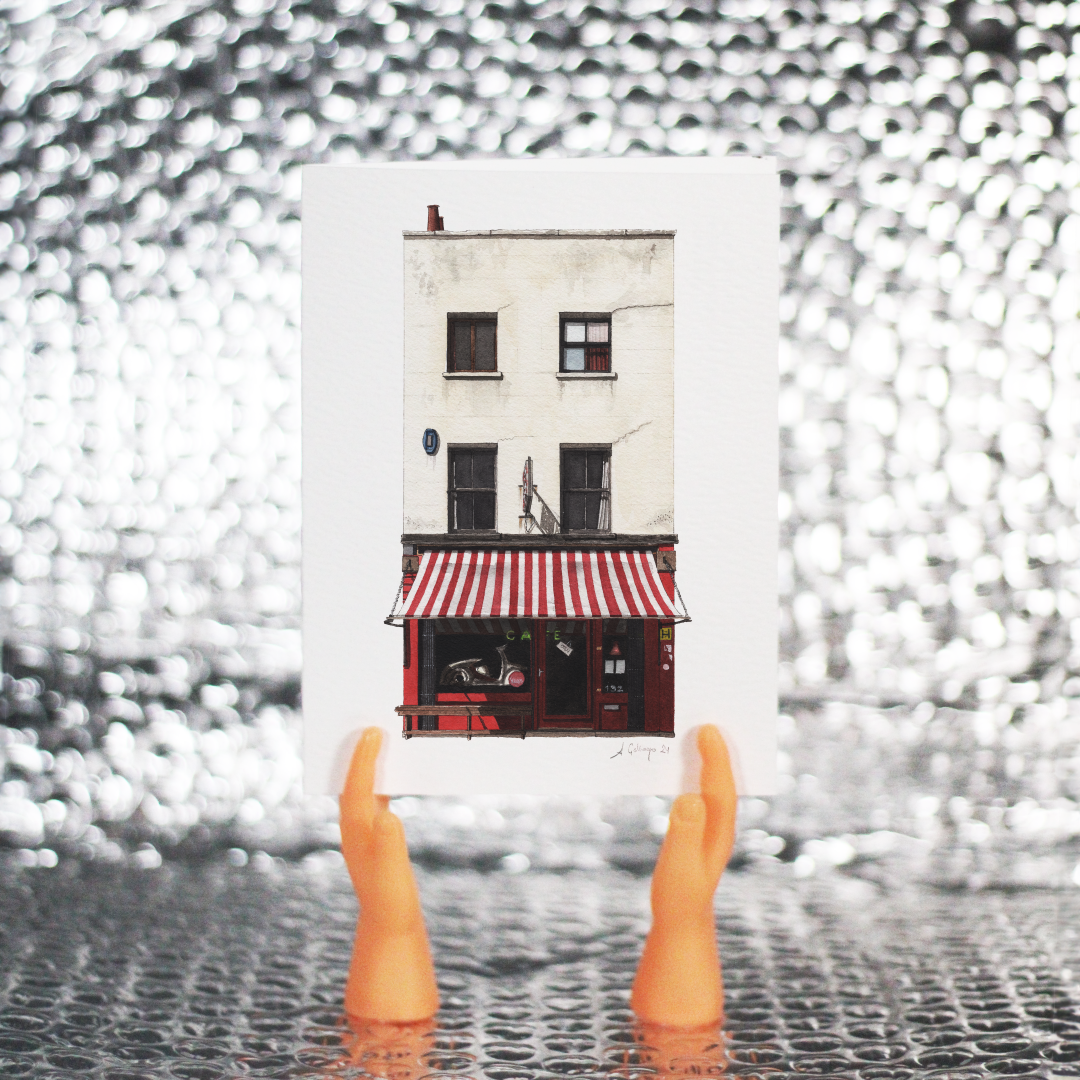 Scootercaffe in Lower Marsh Greeting card with plastic hands and shiny background