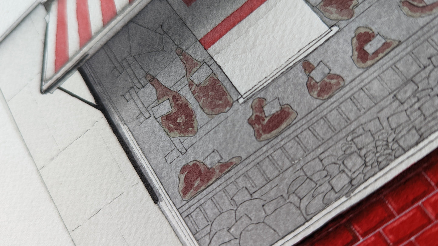 Wapping - Hussey's Quality Butchers - Original watercolour painting (framed)