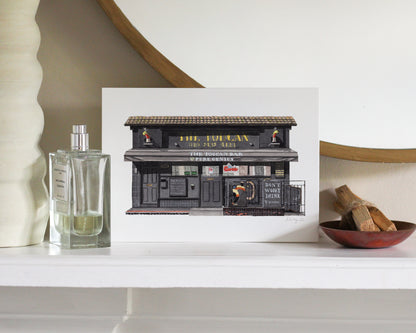 Decorative print of a bar with a bottle and bowl on a shelf